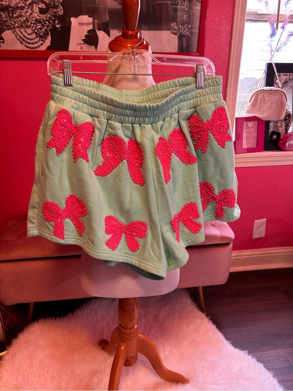QUEEN OF SPARKLES Mint Green Athletic Shorts with Pink Bow Appliqués Large